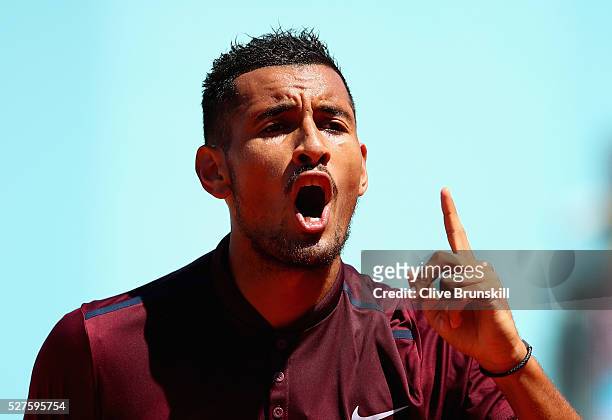 Nick Kyrgios of Australia shows his emotions against Guido Pella of Argentina in their first round match during day four of the Mutua Madrid Open...