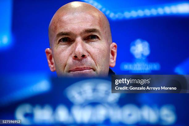 Zinedine Zidane, Manager of Real Madrid faces the media during a press conference ahead of the UEFA Champions League Semi Final Second Leg between...