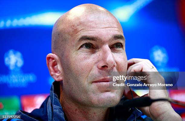 Zinedine Zidane, Manager of Real Madrid faces the media during a press conference ahead of the UEFA Champions League Semi Final Second Leg between...