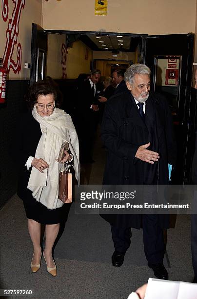 Placido Domingo and his wife Marta Ornelas are seen leaving Zarzuela Theatre after a charity concert on May 01, 2016 in Madrid, Spain.