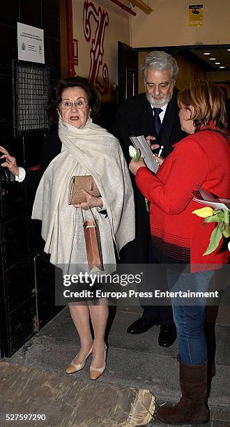Placido Domingo and his wife Marta Ornelas are seen leaving Zarzuela Theatre after a charity concert on May 01, 2016 in Madrid, Spain.