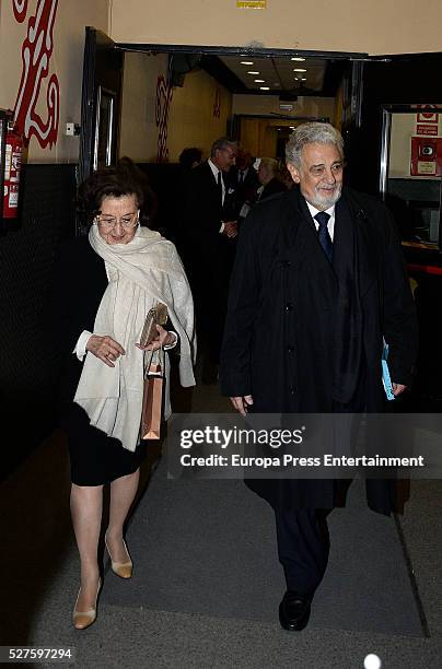 Placido Domingo and his wife Marta Ornelas are seen leaving Zarzuela Theatre after a charity concert on May 01, 2016 in Madrid, Spain.