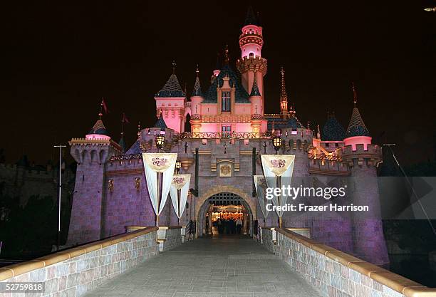 Sleeping Beauty's Castle is seen prior to the opening day at King Arthur Carousel during the Disneyland 50th Anniversary Celebration at Disneyland...