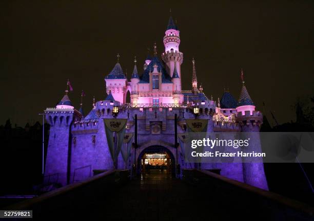 Sleeping Beauty's Castle is seen prior to the opening day at King Arthur Carousel during the Disneyland 50th Anniversary Celebration at Disneyland...