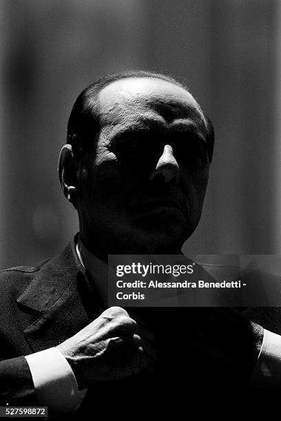 Italian Prime Minister Silvio Berlusconi on the set of RAI 1 television show Porta a Porta, in Rome. Berlusconi has been plagued by scandals since...