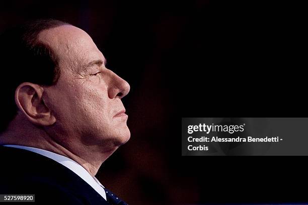 Italian Prime Minister Silvio Berlusconi on the set of RAI 1 television show Porta a Porta, in Rome. Berlusconi has been plagued by scandals since...
