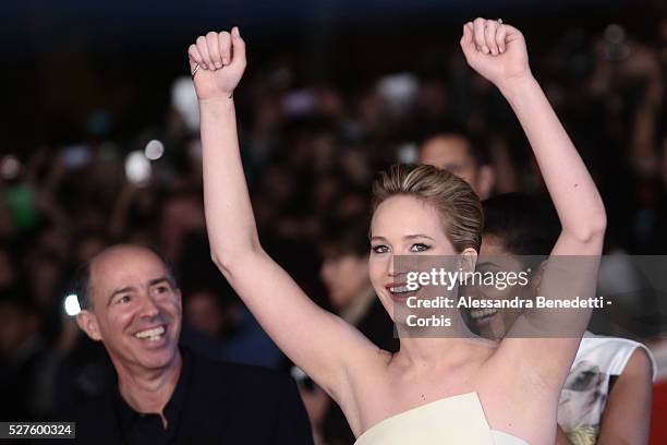 Jennifer Lawrence, Liam Hemsworth, Josh Hutcherson and Francis Lawrence attend the premiere of movie "The Hunger Games : Catching Fire" during the...