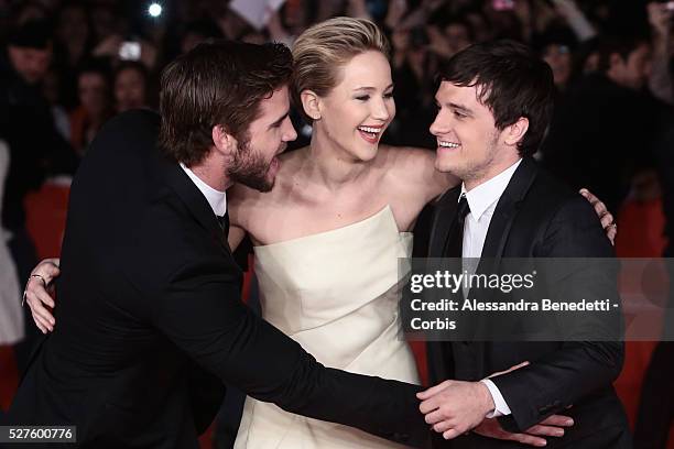 Jennifer Lawrence, Liam Hemsworth, Josh Hutcherson and Francis Lawrence attend the premiere of movie "The Hunger Games : Catching Fire" during the...