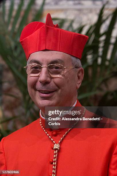 Newly appointed Cardinal Dominique Mamberti of France, is greeted by faithfuls and Vatican Curia members in the Apostolic Palace at Vatican. Pope...