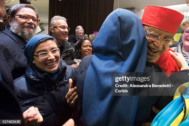 Newly appointed Cardinal Berhaneyesus Demerew Souraphiel, is greeted by faithfuls and Vatican Curia members in the Apostolic Palace at Vatican. Pope...