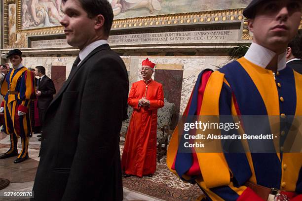 Newly appointed Cardinal Dominique Mamberti of France, is greeted by faithfuls and Vatican Curia members in the Apostolic Palace at Vatican. Pope...