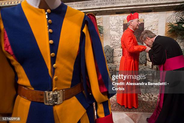 Newly appointed Cardinal Dominique Mamberti of France, is greeted by faithfuls and Vatican Curia members in the Apostolic Palace at Vatican. Pope...