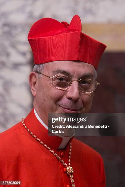 Newly appointed Cardinal Dominique Mamberti of France, is greeted by faithfuls and Vatican Curia members in the Apostolic Palace at Vatican. Pope...