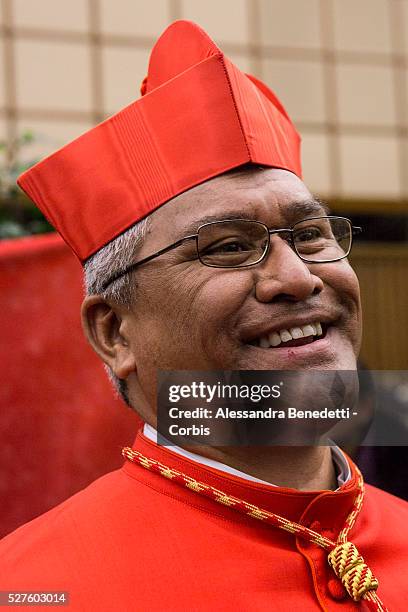 Newly appointed Cardinal Soane Patita Paini Mafi, is greeted by faithfuls and Vatican Curia members in the Apostolic Palace at Vatican. Pope Francis...