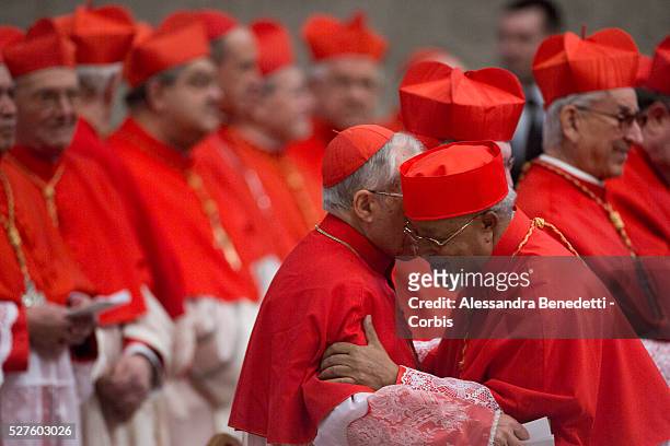 Newly appointed Cardinal Berhaneyesus Demerew Souraphiel is greeted by cardinals during a concistory in St. Peter's Basilica at the Vatican.Pope...