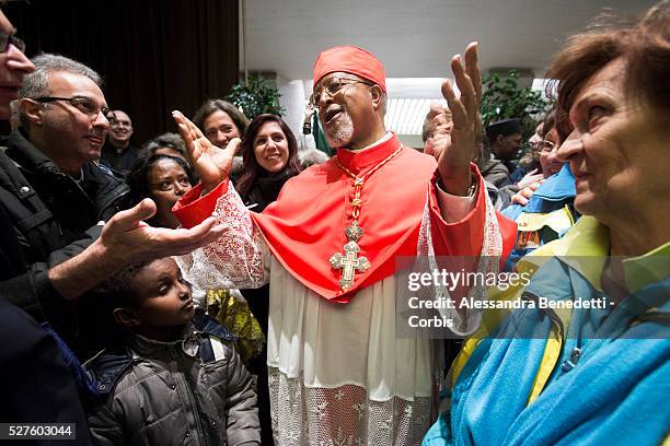 Newly appointed Cardinal Berhaneyesus Demerew Souraphiel, is greeted by faithfuls and Vatican Curia members in the Apostolic Palace at Vatican. Pope...