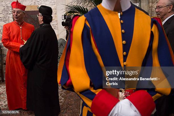 Newly appointed Cardinal Dominique Mamberti of France, is greeted by faithfuls and Vatican Curia members in the Apostolic Palace at Vatican. Pope...