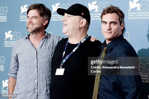 Paul Thomas Anderson, Harvey Weinstein and Joaquin Phoenix attend the photocall of movie The Master presented in competition at the 69th Venice Film...