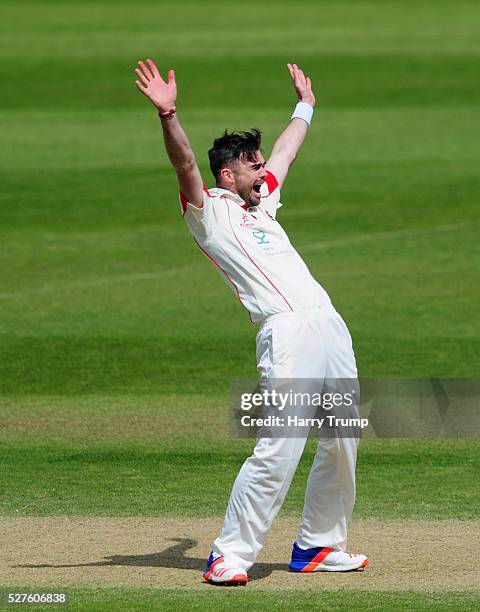 James Anderson of Lancashire appeals during Day Three of the Specsavers County Championship Division One match between Someret and Lancashire at the...