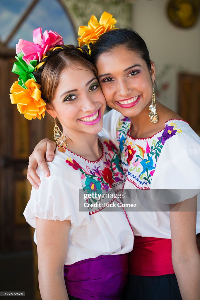 Mexican sisters in traditional clothing, Wellington, Palm Beach County, Florida, USA