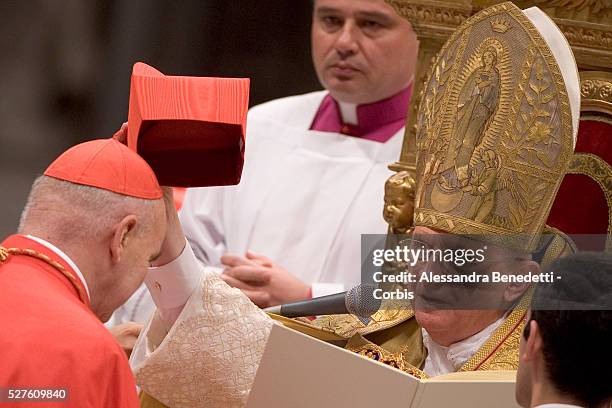 Newly-elected Cardinal John Patrick Foley receives the cardinal skull during Pope Benedict XVI's second concistory ceremony, held in St. Peter's...