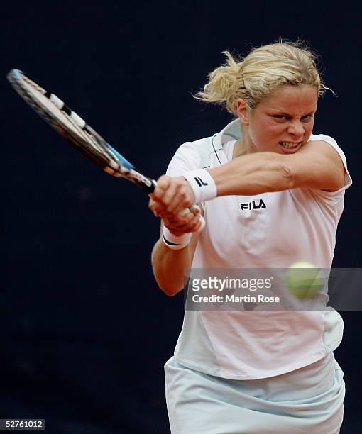Kim Clijsters of Belgium in action against Patty Schnyder of Switzerland during the Qatar Total German Open on May 5, 2005 in Berlin, Germany.