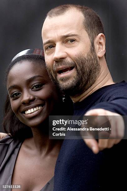 Senegalese actress Aissa Maiga and actor Fabio Volo at the photo call of "Bianco e Nero" in Rome.