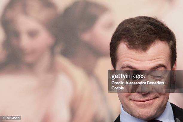 Russia's President Dmitry Medvedev during a joint news conference with Italy's Prime Minister Silvio Berlusconi at the end of a bilateral meeting at...