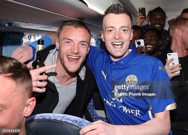 Jamie Vardy lookalike Lee Chapman joins Jamie Vardy and the Leicester City team on their way to a Premier League title celebration dinner on May 3,...