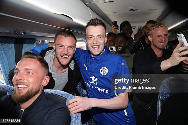 Jamie Vardy lookalike Lee Chapman joins Jamie Vardy and the Leicester City team on their way to a Premier League title celebration dinner on May 3,...