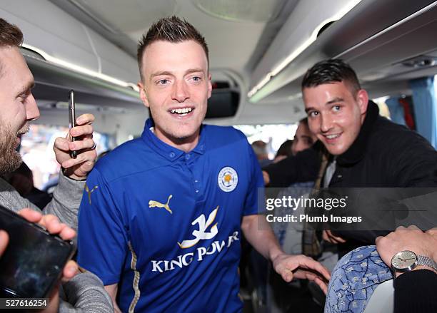 Jamie Vardy lookalike Lee Chapman joins Jamie Vardy and the Leicester City team on their way to a Premier League title celebration dinner on May 3,...