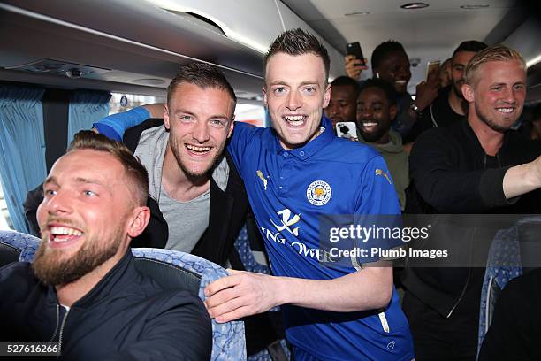 Jamie Vardy lookalike Lee Chapman joins Jamie Vardy and the Leicester City team on their way to a Premier League title celebration dinner on May 3,...