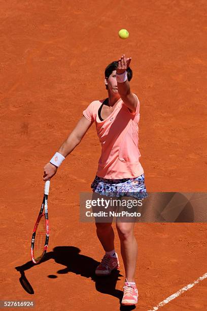 Carla Suarez of Spain in action Sabine Lisicki of Germany their match during day fourth of the Mutua Madrid Open tennis tournament at the Caja Magica...