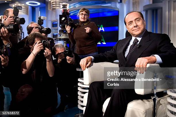 Silvio Berlusconi, leader of Italy's center-right coalition Forza Italia, prior to the beginning of the Italian political debate show Porta a Porta,...