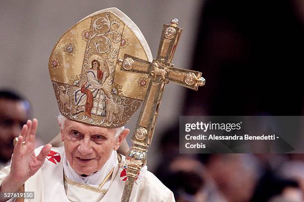 Pope Benedict XVI celebrates a thanks giving mass with newly elected cardinals at St. Peter's Basilica at the Vatican.