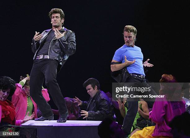 Toby Allen and Craig McLachlan perform during the "Grease - The Arena Spectacular" Media Call at the Sydney Entertainment Centre May 5, 2005 in...