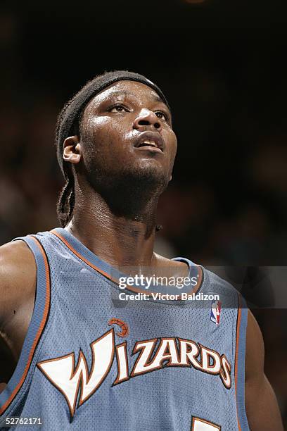 Kwame Brown of the Washington Wizards rests against the Orlando Magic during a game at TD Waterhouse Centre on April 1, 2005 in Orlando, Florida. The...