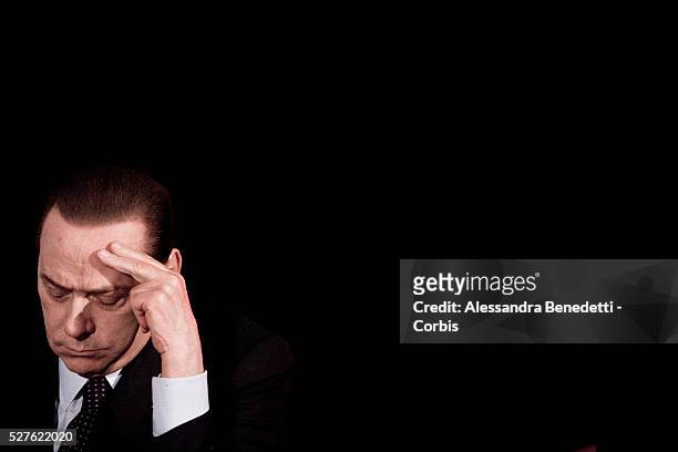 Prime Minister Silvio Berlusconi during the PDL general meeting in Rome on April 22, 2010. Berlusconi's People of Freedom party gathered in Rome for...