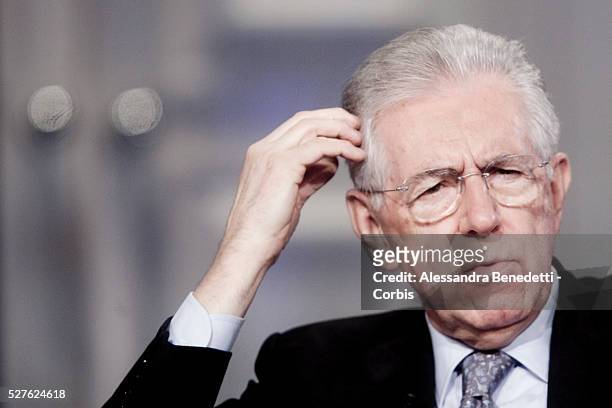 Italy's outgoing Prime Minister Mario Monti and candidate for the Monti per L'Italia, Monti for Italy center coalition in the forthcoming elections...