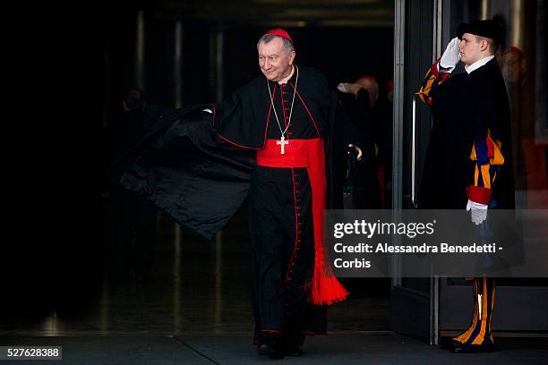 Vatican State Secretary Cardinal Pietro Parolin arrives at a special consistory in the Synod hall at the Vatican on Feb. 13, 2015. Pope Francis met...