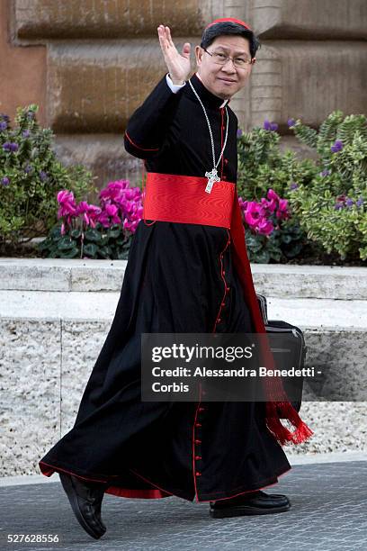 Cardinal Luis Antonio Tagle arrives at a special consistory in the Synod hall at the Vatican on Feb. 13, 2015. Pope Francis met with cardinals and...