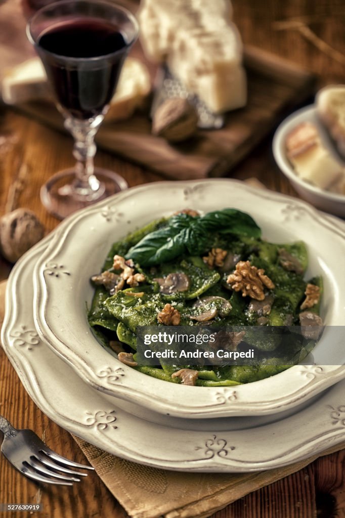 Ravioli with radicchio, walnuts and mushrooms