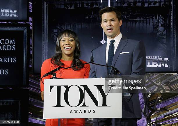 Actors Nikki M. James and Andrew Rannells attend the American Theatre Wing's 70th Annual Tony Awards nominations at Diamond Horseshoe at the...