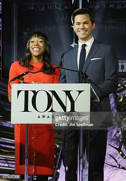 Actors Nikki M. James and Andrew Rannells attend the American Theatre Wing's 70th Annual Tony Awards nominations at Diamond Horseshoe at the...