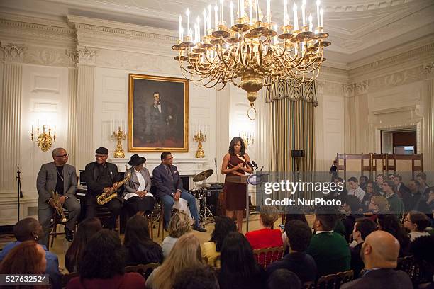 On Friday, April 29th in the State Dining Room of The White House, in celebration of International Jazz Day, First Lady Michelle Obama, with l-r,...