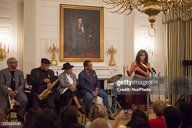 On Friday, April 29th in the State Dining Room of The White House, in celebration of International Jazz Day, First Lady Michelle Obama, with l-r,...