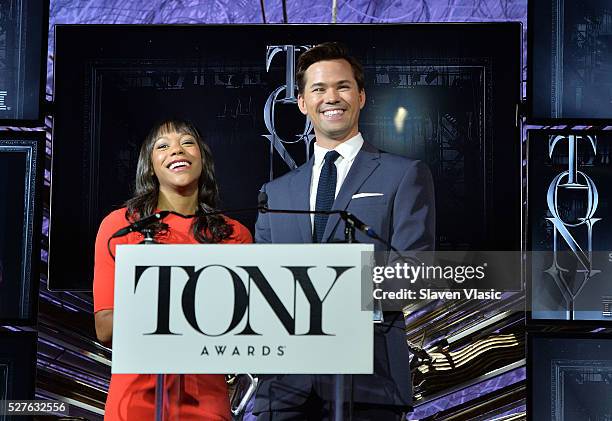 Actors Nikki M. James and Andrew Rannells announce nominations for American Theatre Wing's 70th Annual Tony Awards at Diamond Horseshoe at the...