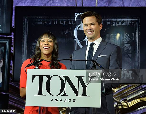 Actors Nikki M. James and Andrew Rannells announce nominations for American Theatre Wing's 70th Annual Tony Awards at Diamond Horseshoe at the...