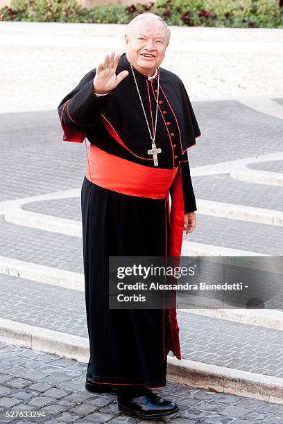 Mexican cardinal Juan Iniguez Sandoval arrives at Vatican's Synod Hall to attend their first Congregation, prior the beginning of the Conclave during...