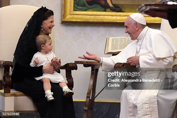 Pope Francis held an audience to receive Queen Silvia, Princess Madeleine and husband Christopher O'Neill and the little Princess Leonore of Sweden...